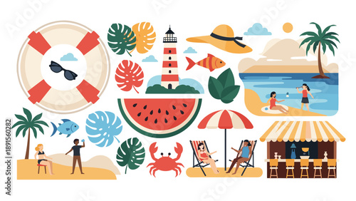 Comprehensive collection of summer and beach themed icons including lighthouse, watermelon, straw hat, sunglasses, palm trees, and people relaxing.