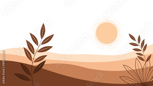 Abstract minimalist landscape featuring rolling hills in brown and beige tones under a pale sun with stylized leaves in the foreground.