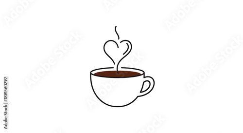 Simple line drawing of a coffee cup with steam forming a heart shape rising from it on a clean white background.