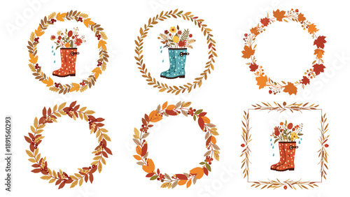 Set of circular and square autumn wreaths made of colorful leaves and berries featuring blue and red rain boots filled with flowers.