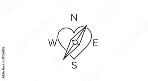 A minimalist line drawing of a heart-shaped compass with directional letters on a clean white background.