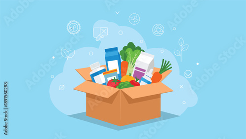 Open cardboard box filled with various grocery items including milk, bread, vegetables, and medicine bottles on a blue background.