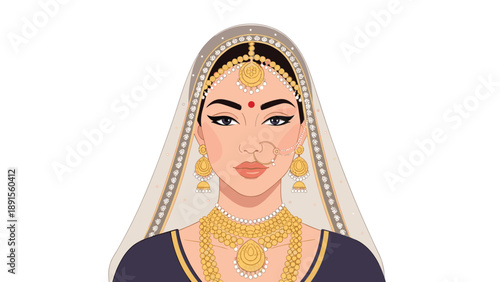 Portrait of a beautiful Indian bride wearing elaborate traditional gold jewelry, a nose ring, and a bridal veil.