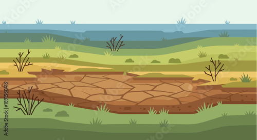 Barren Earth's Silent Cry: A stark illustration captures a cracked earth landscape, a poignant symbol of drought and environmental vulnerability, portraying nature's resilience