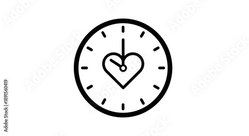 Simple line drawing of a clock with a heart-shaped center on a plain white background.