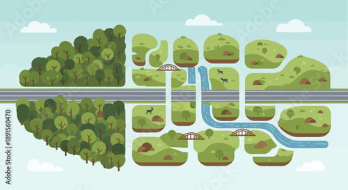 Eco-City Conceptual Illustration: An imaginative illustration presents a visionary eco-city, showcasing sustainable elements like lush forests, rivers, and eco-friendly infrastructure.