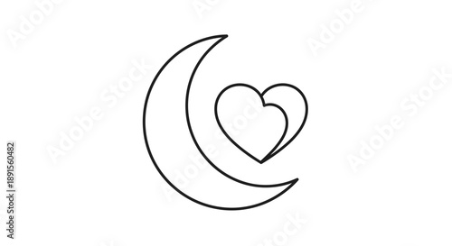 Simple line drawing of a heart enclosed within a crescent moon on a white background with minimalist design.