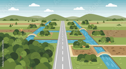 Road through Green Landscape: An eye-level illustration showcases a picturesque route cutting through a vibrant, verdant expanse, with bridges crossing over meandering waterways.