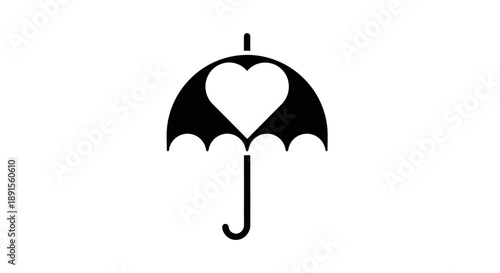 Simple black silhouette of an umbrella with a heart-shaped canopy on a white background.