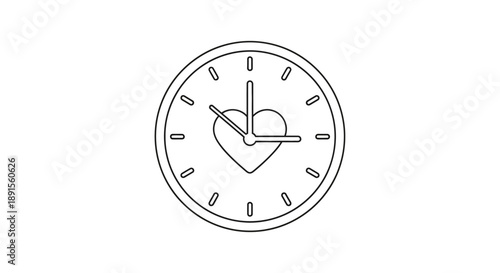 A minimalist line drawing of a clock with a heart replacing its center on a plain white background.