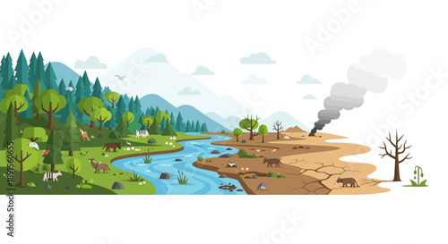 A Tale of Two Landscapes: A striking visual narrative of the Earth, depicting the contrast between a thriving, pristine environment and a desolate, polluted landscape