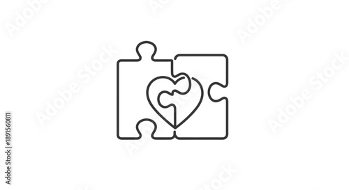A minimalist line drawing of two puzzle pieces forming a heart on a white background with simple black lines.