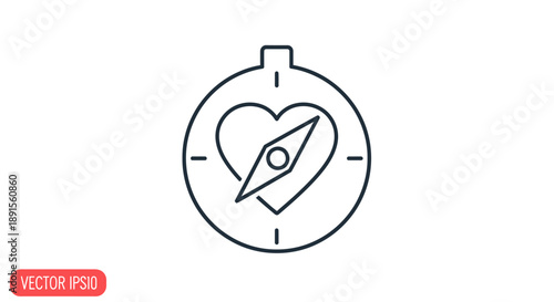 Vector illustration of a compass with a heart shape inside on a white background with a red VECTOR PSD label.