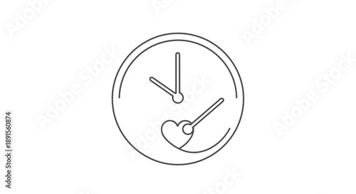 Line drawing of a clock with a heart shaped second hand on a white background in a simple style.