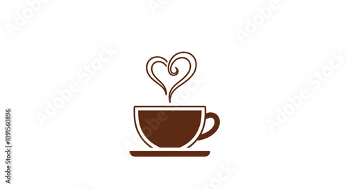 Simple brown coffee cup icon with heart-shaped steam on a white background in a minimalist style.