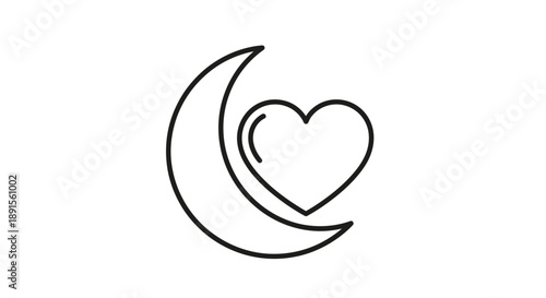 Simple line drawing of a crescent moon and heart symbol on a white background with minimalist design.