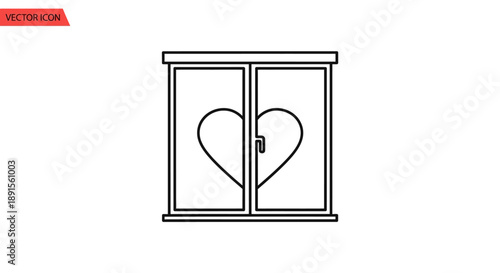 Line drawing of a window with a heart shaped outline on the glass, set against a clean white background with simple black lines.
