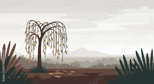 Solitary weeping willow under misty skies: A lone weeping willow tree stands majestically in a tranquil, hazy landscape, its delicate branches cascading downwards.