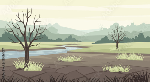 Barren Landscape: A stark illustration of a desolate landscape, where cracked earth and withered trees stand as a testament to nature's harsh realities.