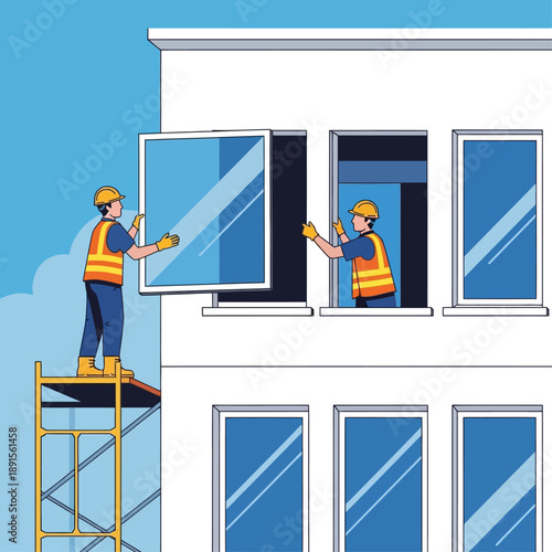 Construction workers installing a window on a building with scaffolding
