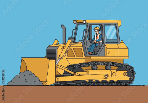 Heavy yellow bulldozer illustration featuring a construction worker operating machinery on a building site, actively pushing earth with its large blade