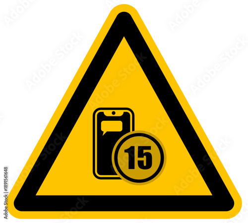 Vector de restricción de acceso a mensajes y redes sociales para menores de 15 años con icono de aviso y teléfono móvil para regulación de comunicación digital y seguridad juvenil