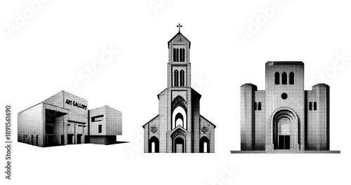 Halftone illustration of modern museum, traditional church, and ancient cathedral