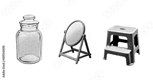 Halftone art: vintage glass jar, oval standing mirror, and plastic step stool