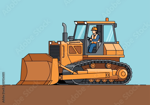 Vibrant illustration of a powerful orange bulldozer driven by a construction worker, ready for excavation and earthmoving tasks on a building site