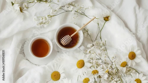 Cozy Morning Tea with Honey Dipper and Fresh White Daisies for a Peaceful Start.