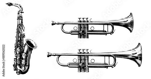 Halftone saxophone and trumpets in black and white illustration