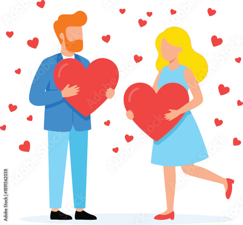Affectionate Bond: A couple with big red heart displays a display of love, surrounded by floating heart symbols. The vector illustration encapsulates the essence of affection and shared tenderness.