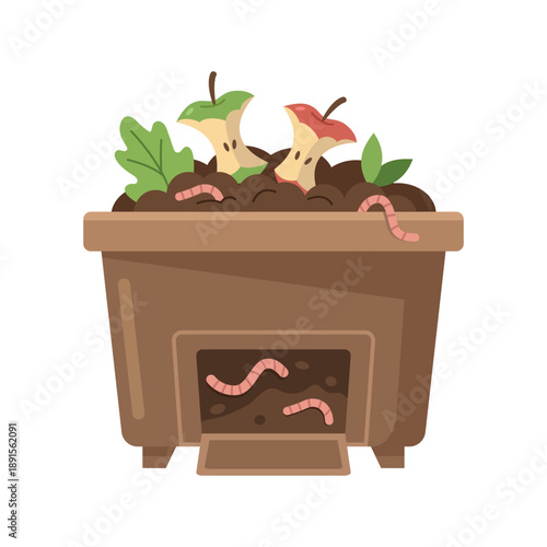 Home vermicompost bin with worms and organic waste. Composting system vector illustration