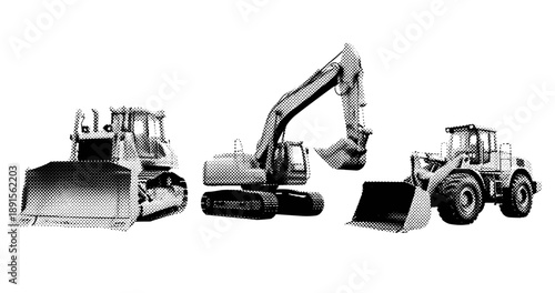 Industrial construction vehicles: excavator, bulldozer, and loader