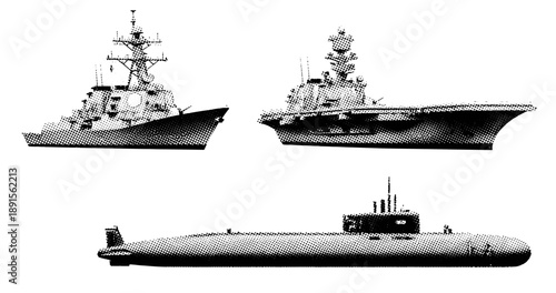 Navy warship collection: battleship, aircraft carrier, and submarine designs