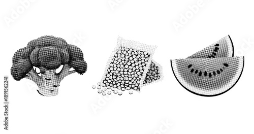 Halftone art: broccoli, peas, and watermelon slices
