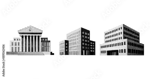 Black and white halftone architecture of court building and office structures