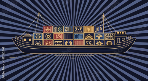 Cargo ship with colorful containers on calm water against striped background Ai Generated