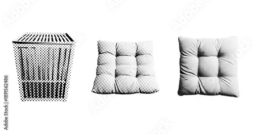 Pop art style trash can and cushions in black and white halftone