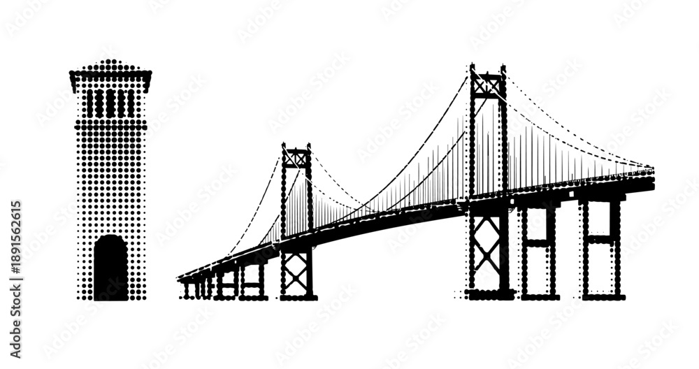 Fototapeta premium Halftone suspension bridge with tower illustration in black and white
