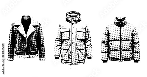 Collection of three stylish jackets: leather, parka, and puffer designs