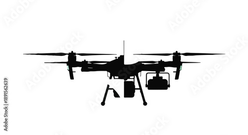 Drone silhouette with camera and propellers in flight on white background Ai Generated