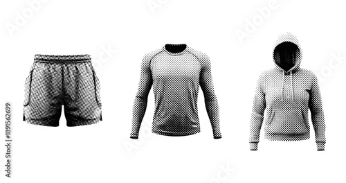 Halftone style athletic wear set: hoodie, long sleeve, and shorts design