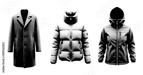 Monochrome outerwear collection: coat, puffer, hooded jacket in halftone style