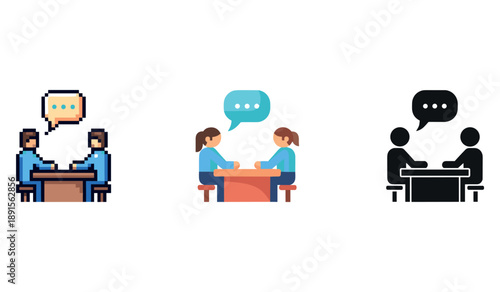 Pixel art and icon illustrations of people engaged in conversations at a table