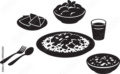 Black and white vector art of a meal with rice nachos and drink on white background