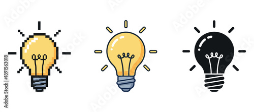 Pixel, cartoon, and silhouette light bulbs on white background