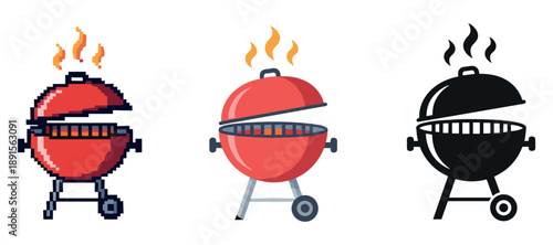 Pixel art and vector bbq grills with flames in red and black designs