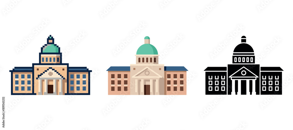 Fototapeta premium Iconic dome government buildings in flat, colored, silhouette styles