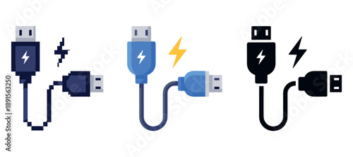 Usb cables with lightning bolt icons in pixel, flat, and silhouette designs